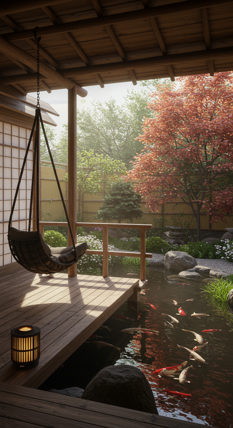 Donkere houten hangstoel op een veranda boven een koi-vijver, Japanse esdoorn ernaast.