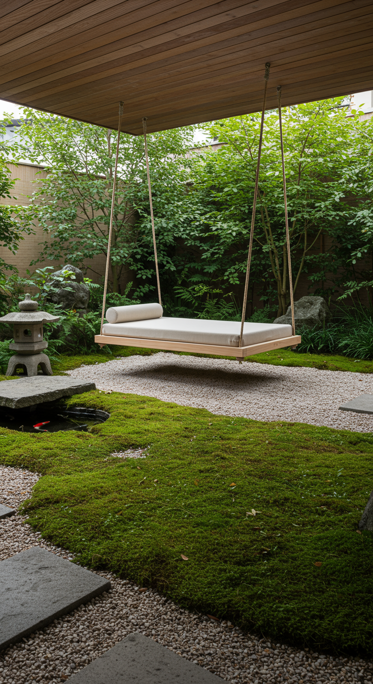 Zeer minimalistisch houten schommelbed met één beige kussen in een serene Japanse tuin met mos en grind.