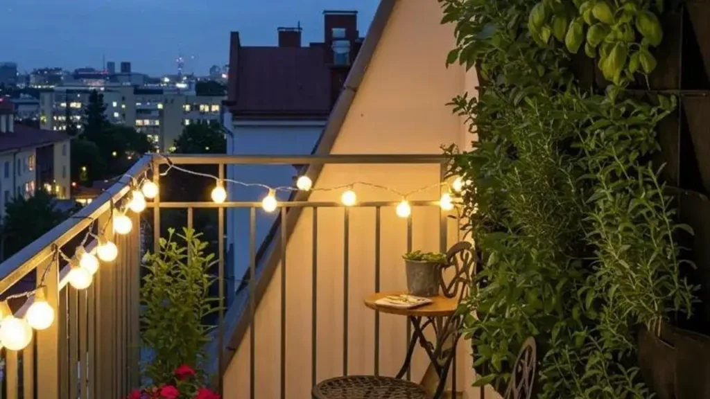 Gezellig balkon met lichtslingers en groene decoratieve balkonwand in de stad.