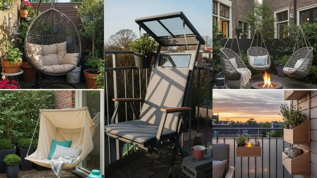 Collage van multifunctionele hangmeubels voor kleine buitenruimtes.