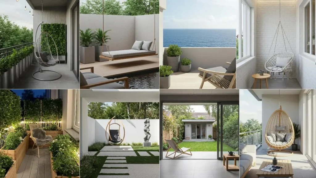 Diverse Scandinavische minimalistische hangstoelen met licht hout en grijze kussens in buitenruimtes.