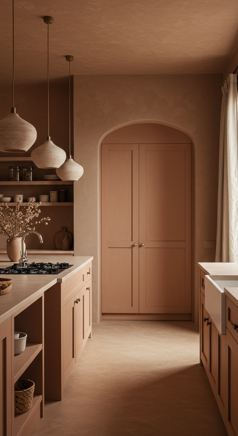 Terracotta-kleurige keuken met organisch gevormde hanglampen en ingebouwde kasten.