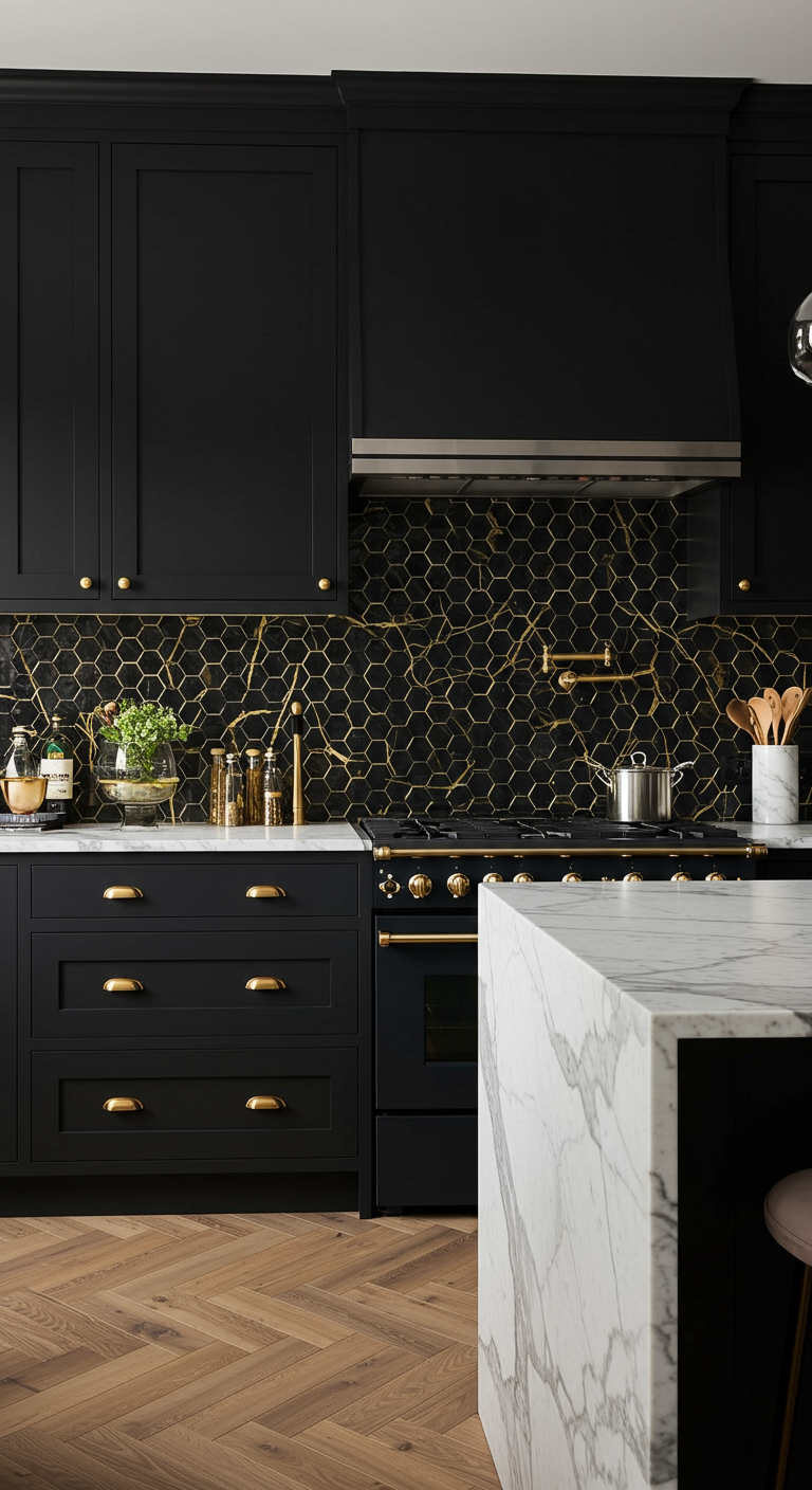 Luxe keuken met zwarte hexagon tegels met gouden lijnen, zwarte kasten en marmeren eiland.
