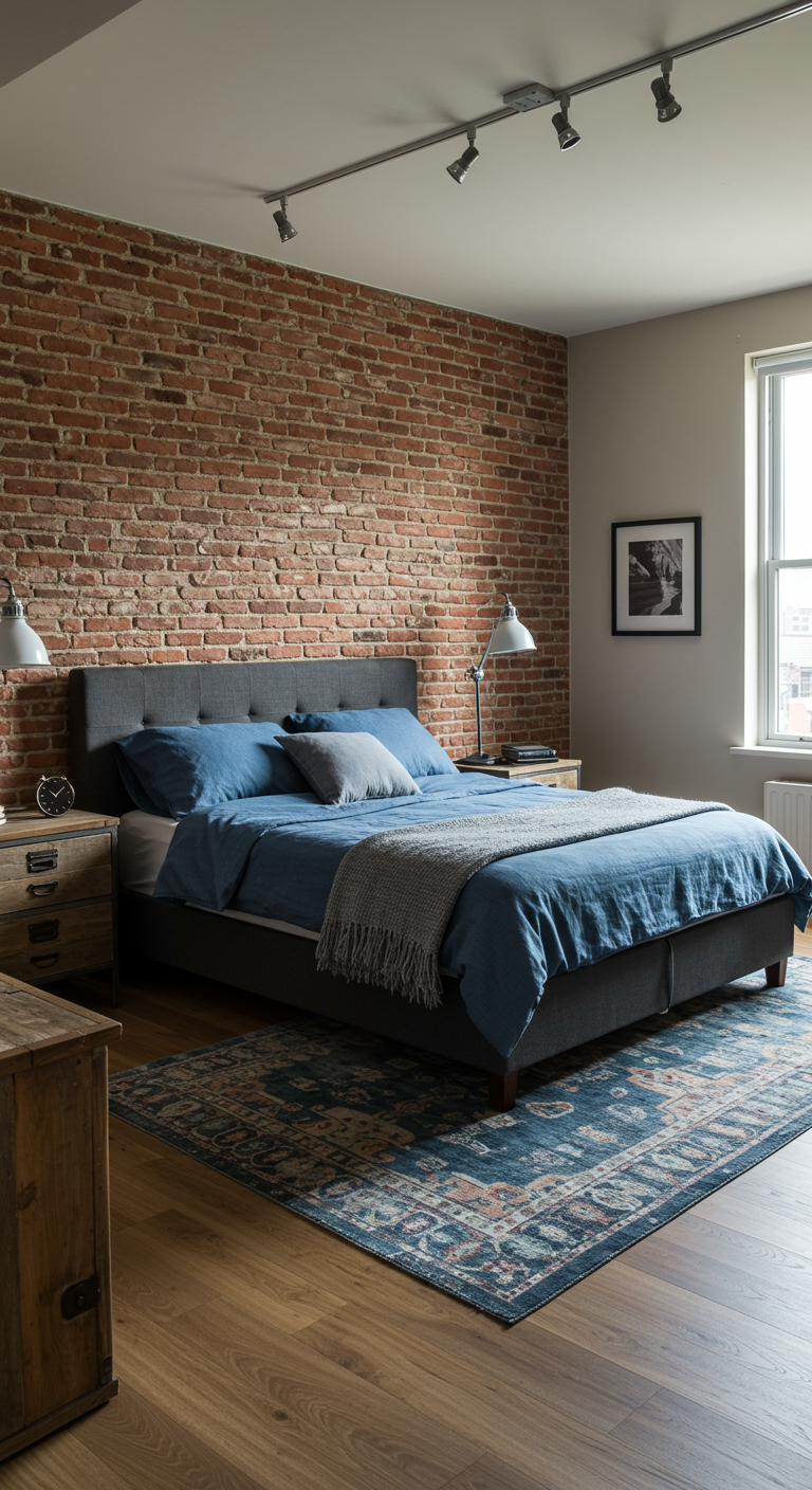 Industriële slaapkamer met bakstenen muur, grijs bed met denimblauw beddengoed.