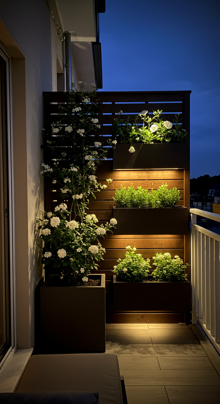 Modern houten wandpaneel met ingebouwde plantenbakken en spotlights die witte bloemen verlichten.