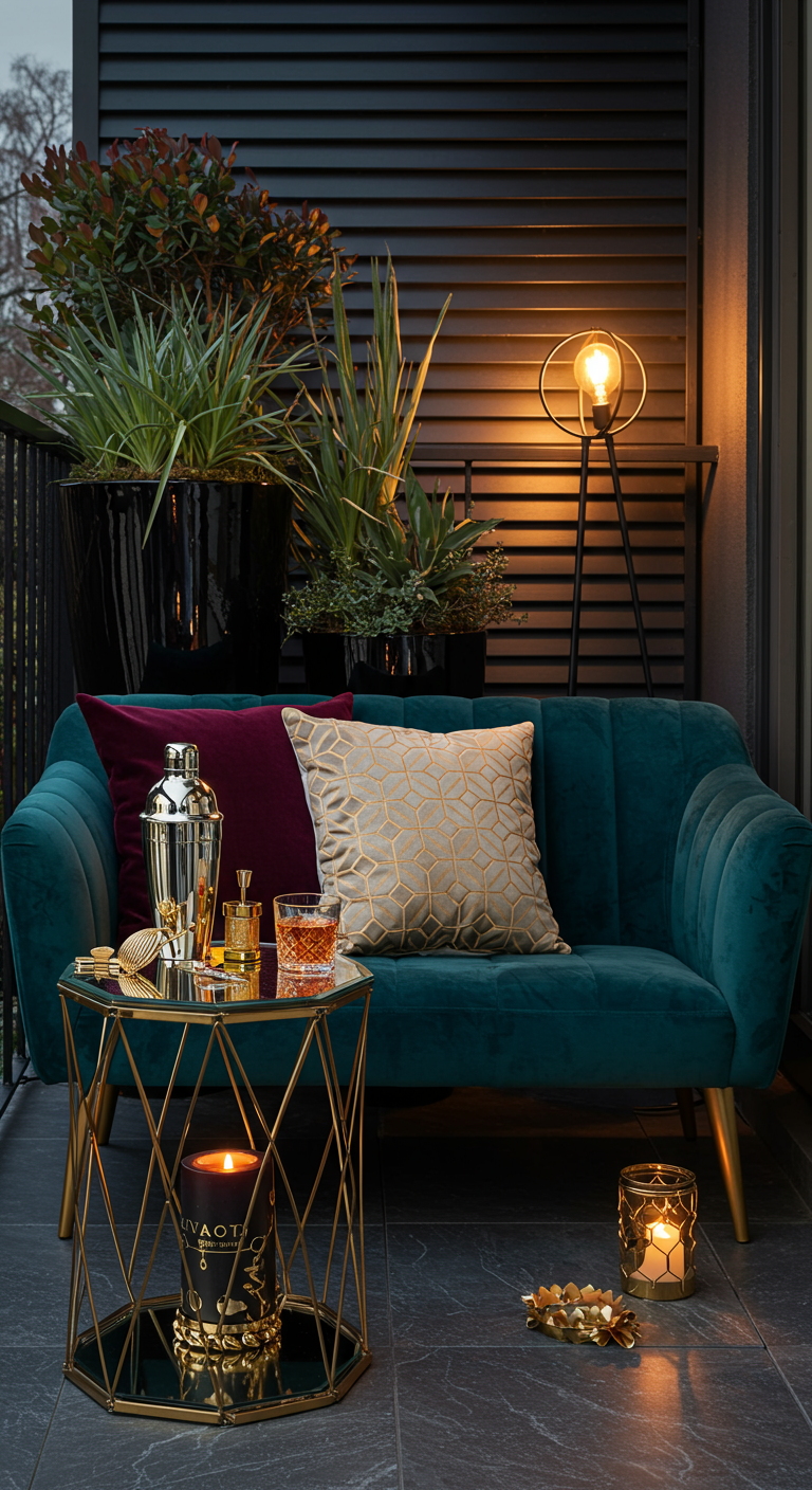 Chique balkon met donkergroen fluwelen bankje, gouden bijzettafel en cocktail-accessoires.