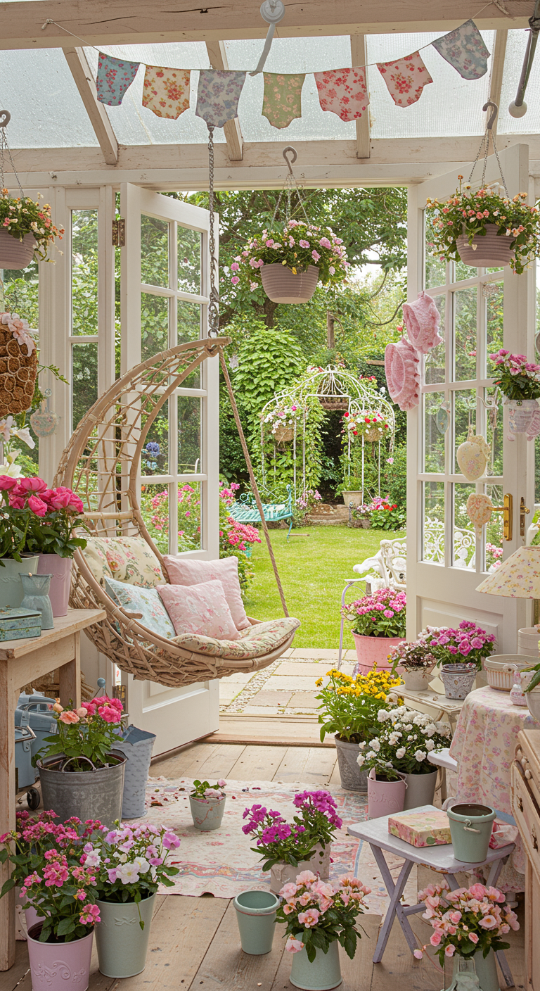 Rotan hangstoel in lichte serre vol bloemen, cottage stijl.
