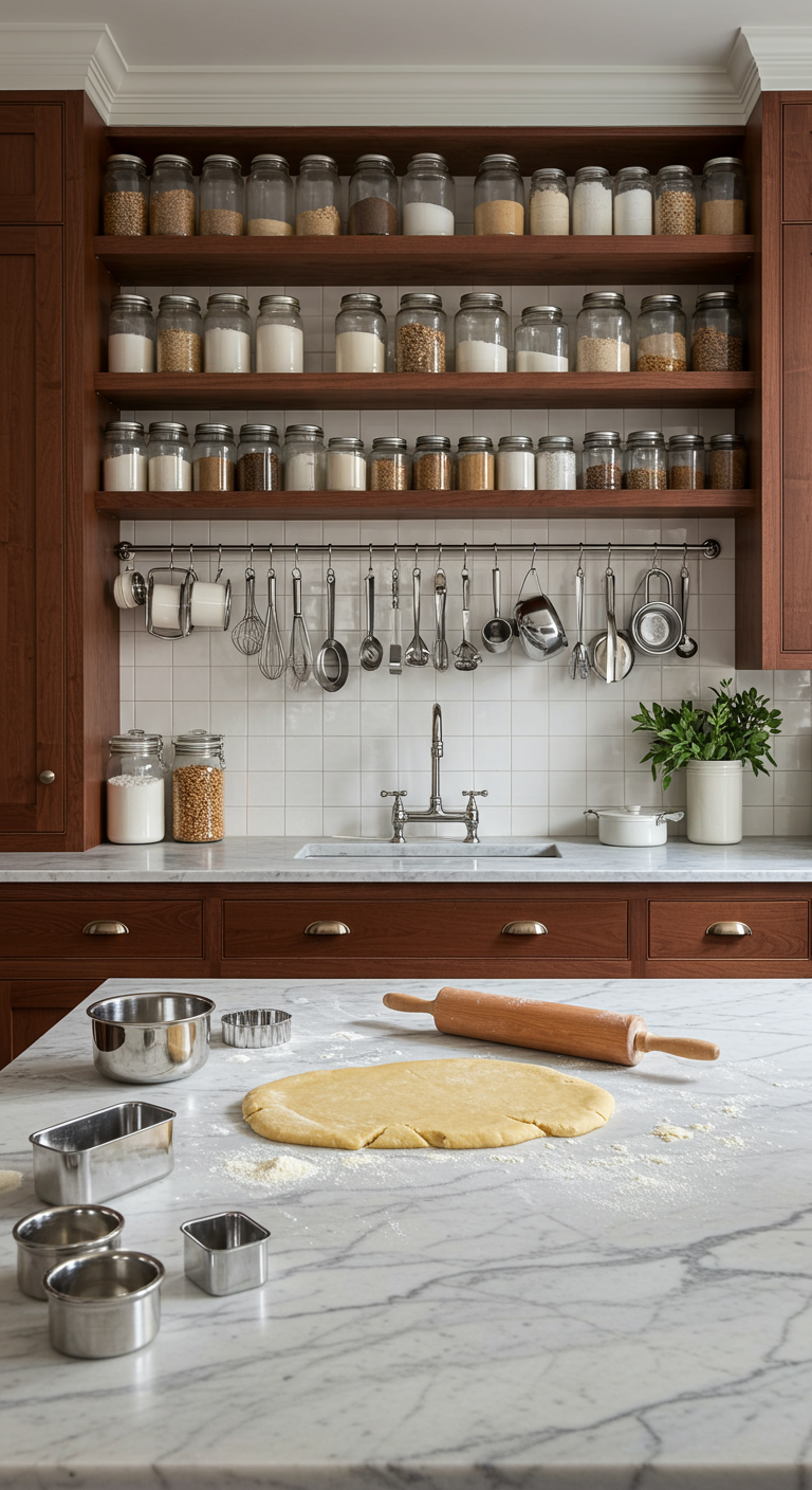 Keuken met marmeren werkblad, houten planken met bakbenodigdheden in potten en een stang met keukengerei.