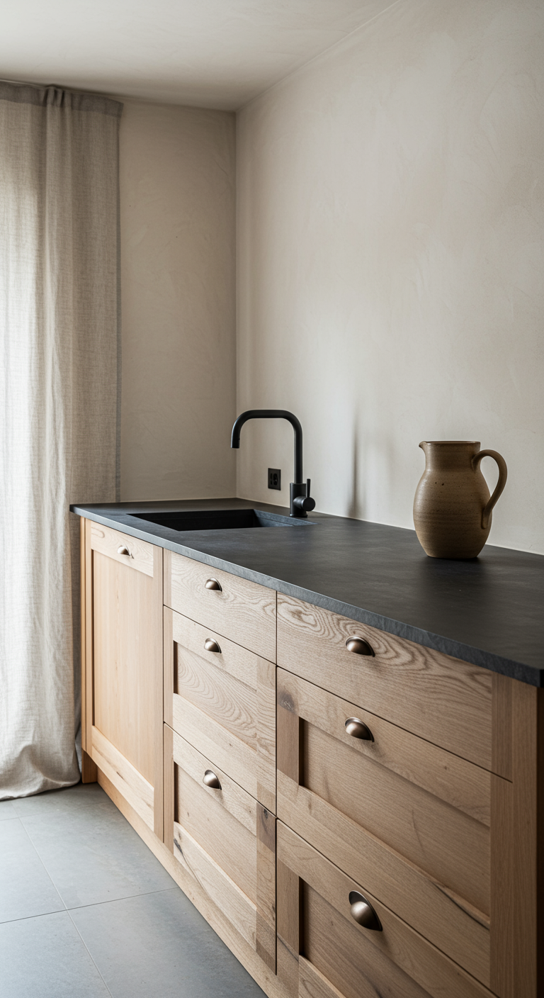 Minimalistische keuken met houten onderkasten, donker blad en linnen gordijn.