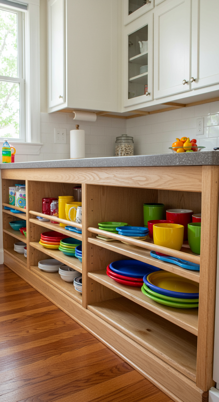 Lage, brede houten wandplanken onder het aanrecht, met kleurrijk kinderservies binnen handbereik.
