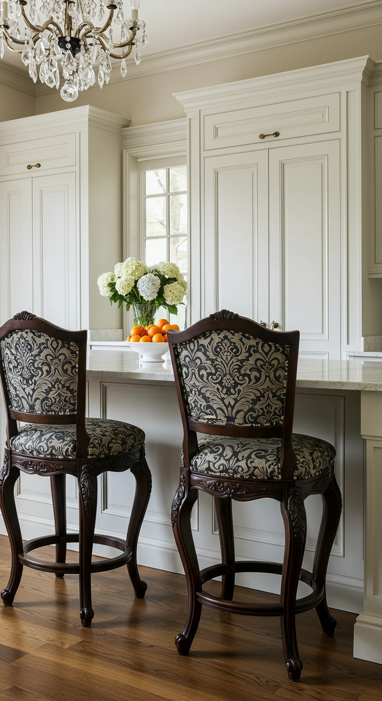 Klassieke keuken met witte kasten en twee barkrukken met donkerhouten frame en damast bekleding.