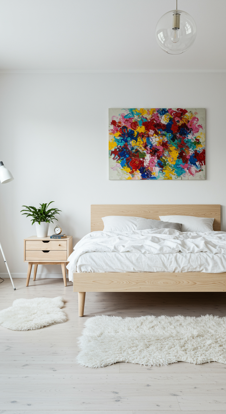 Witte slaapkamer met een groot, kleurrijk abstract schilderij boven het bed.