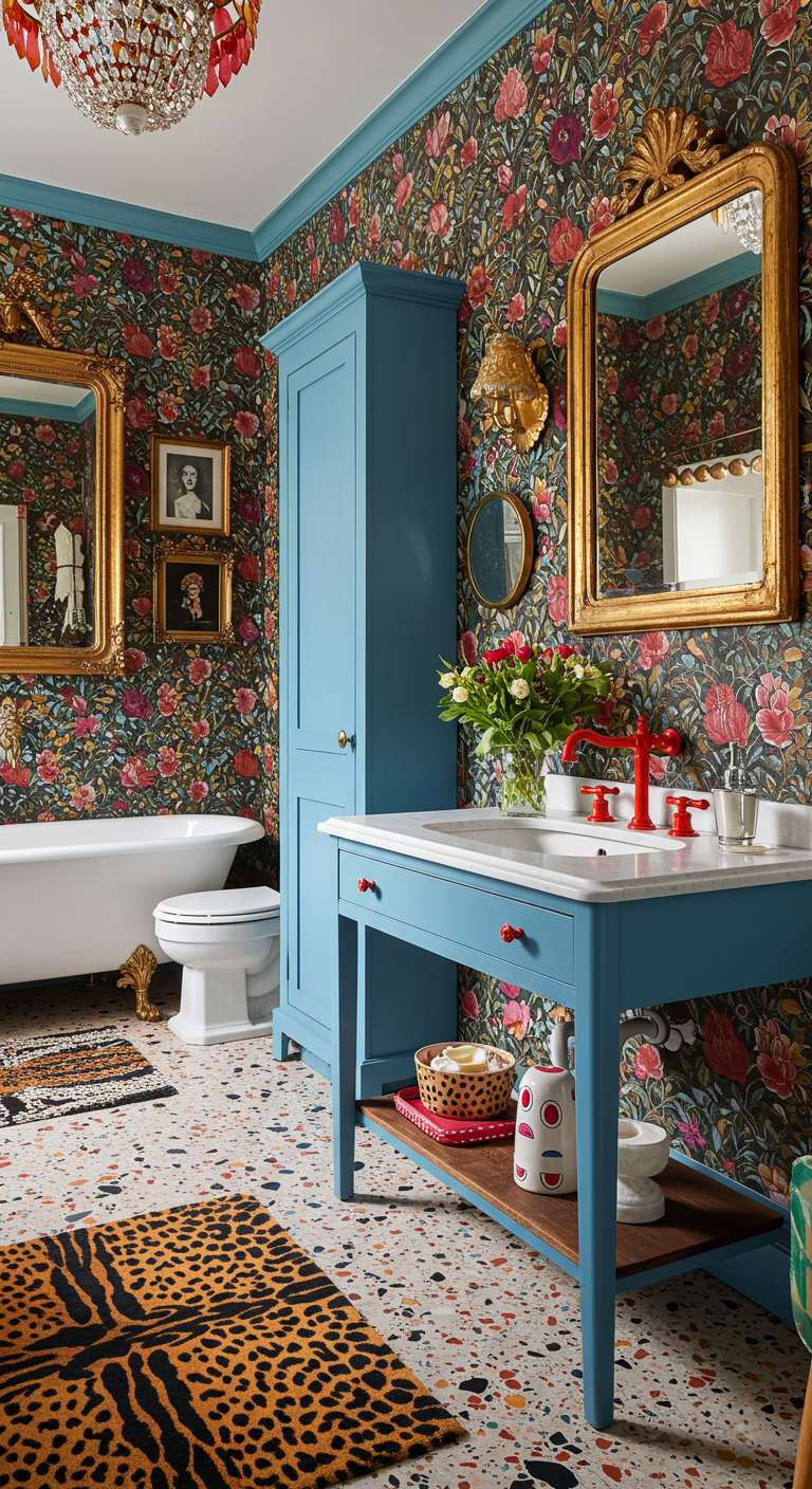 Felrode wastafelkraan op een blauw meubel in een maximalistische badkamer met bloemenbehang.