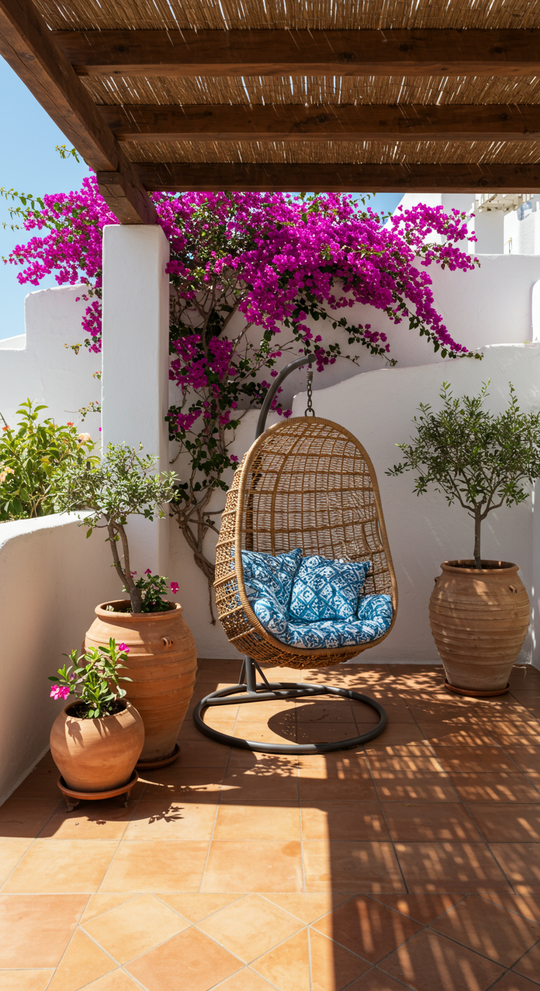 Rotan eivormige hangstoel met blauw-witte kussens op een terras met bougainvillea en olijfbomen.