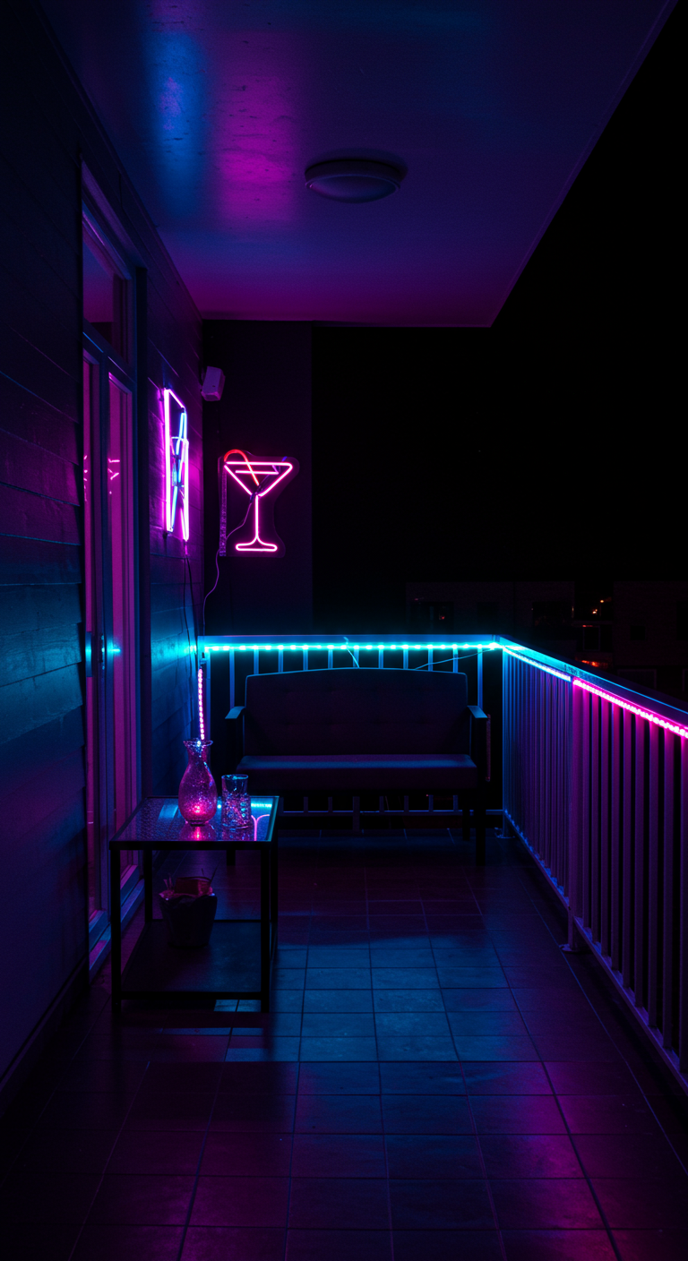Balkon 's nachts verlicht met felle roze en blauwe neon LED-strips en figuren.