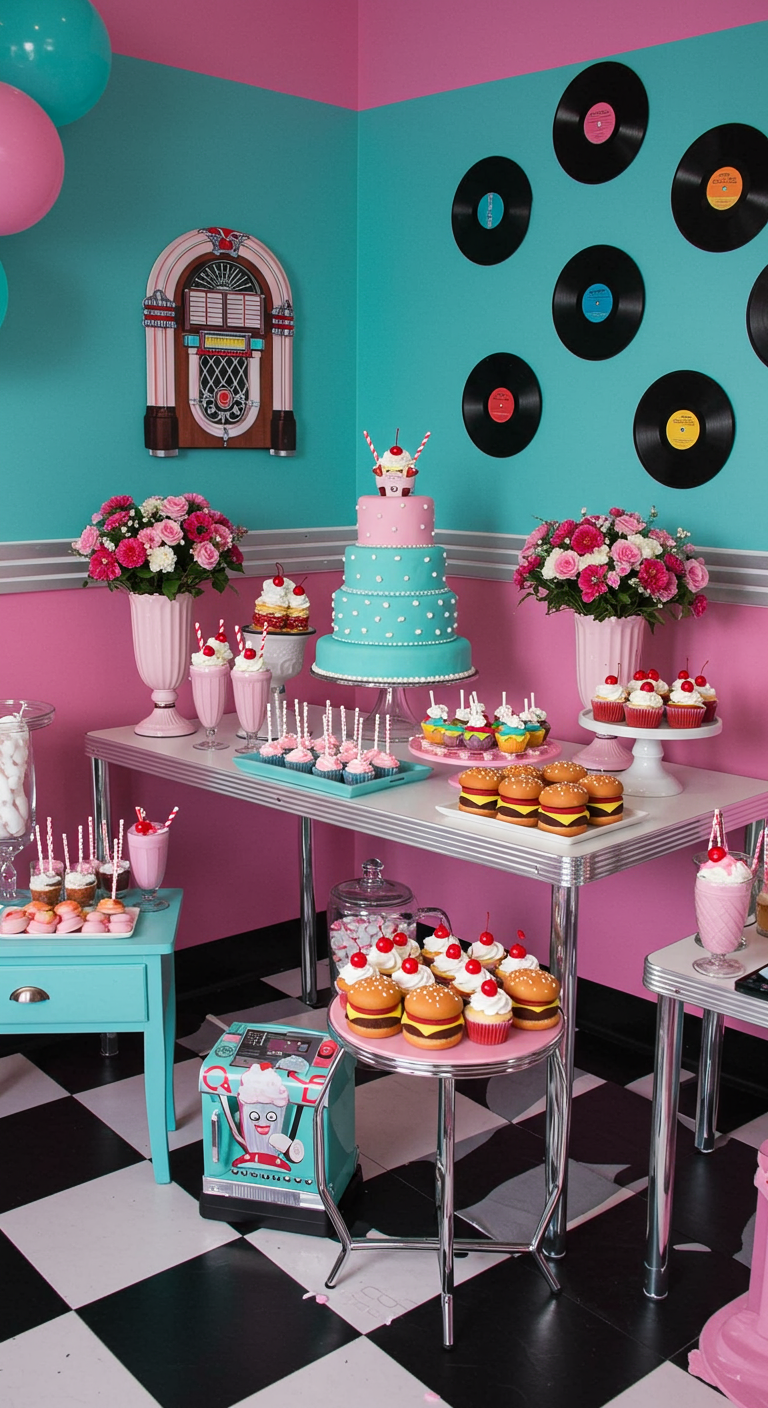 Retro jaren '50 diner sweet table met turquoise, roze, jukebox en vinylplaten.