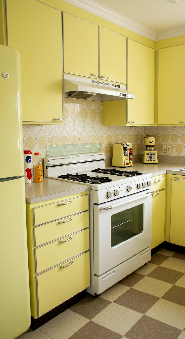 Retro gele keuken met een grafisch behangprintje als achterwand.