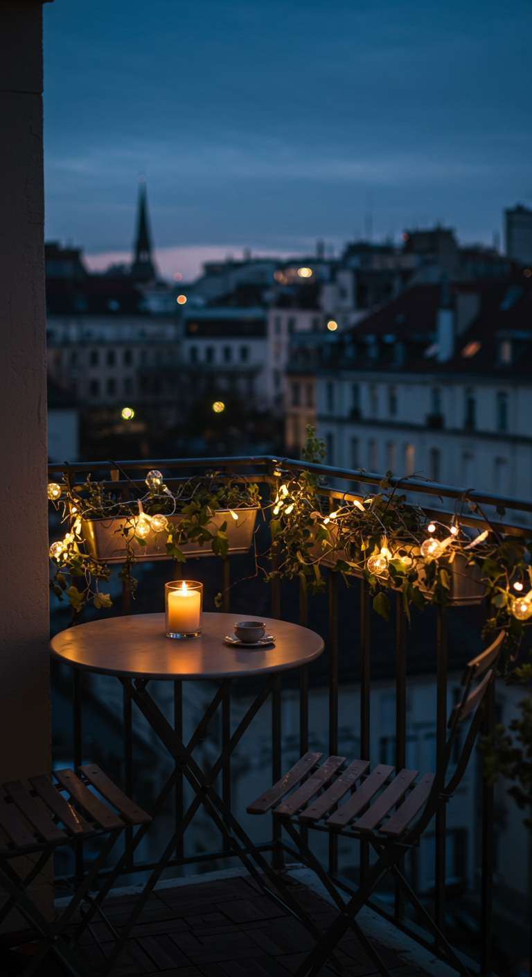 Bistroset op balkon 's avonds met een kaars op tafel en een lichtsnoer aan de reling.