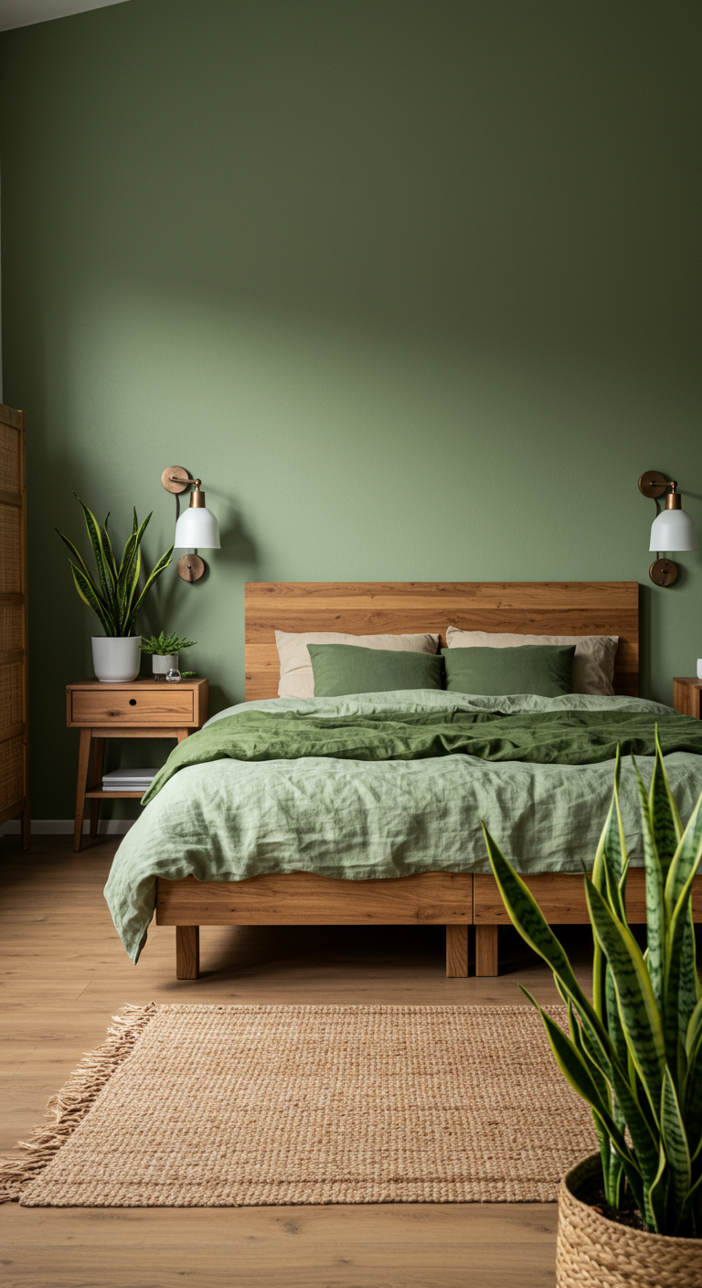 Slaapkamer met olijfgroene muur, houten bed en sanseveria planten.