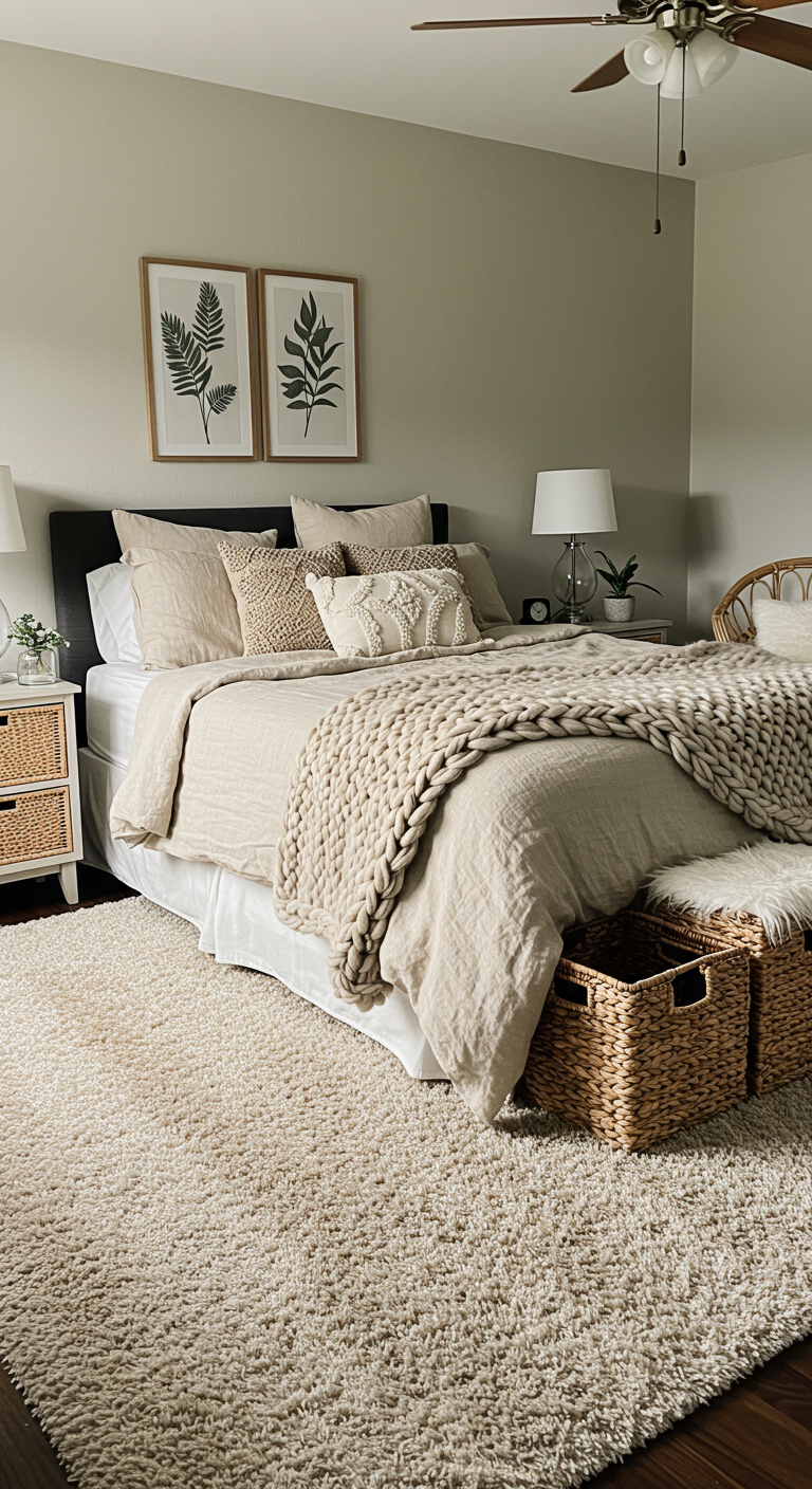 Neutrale slaapkamer met veel textuur: gebreid plaid, rieten manden, fluffy tapijt.