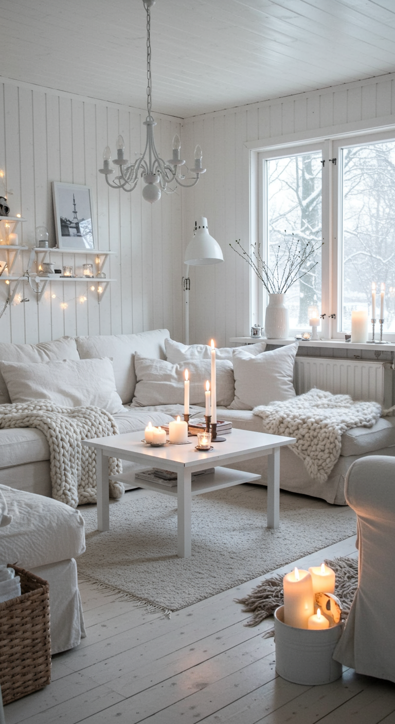 Witte winterse woonkamer met veel kaarslicht, witte bank en gebreide plaids.