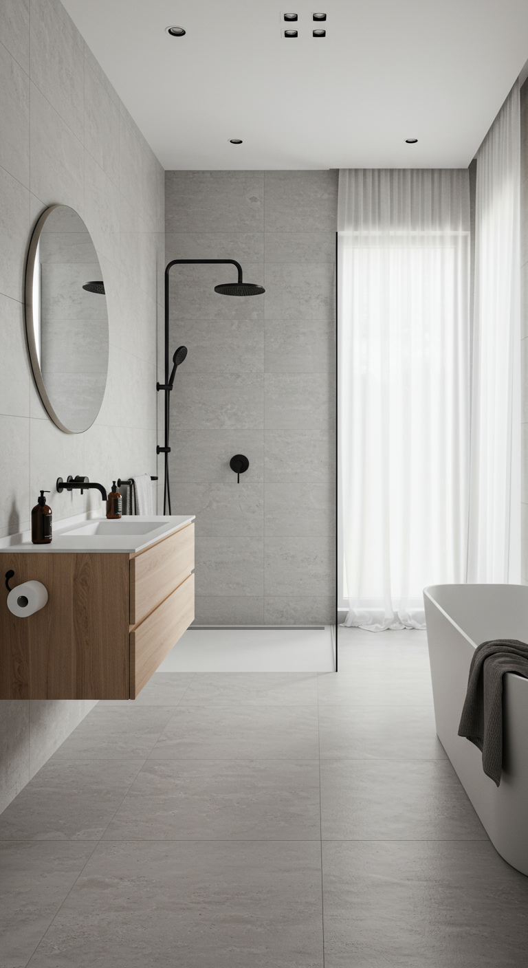 Minimalistische badkamer met lichtgrijze tegels, wit bad, houten meubel en zwarte details.