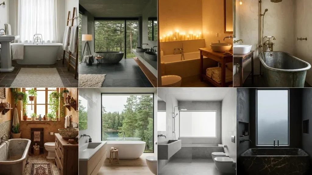Collage van badkamers met wabi-sabi sfeer: natuurlijke materialen, ruwe texturen, minimalistisch.