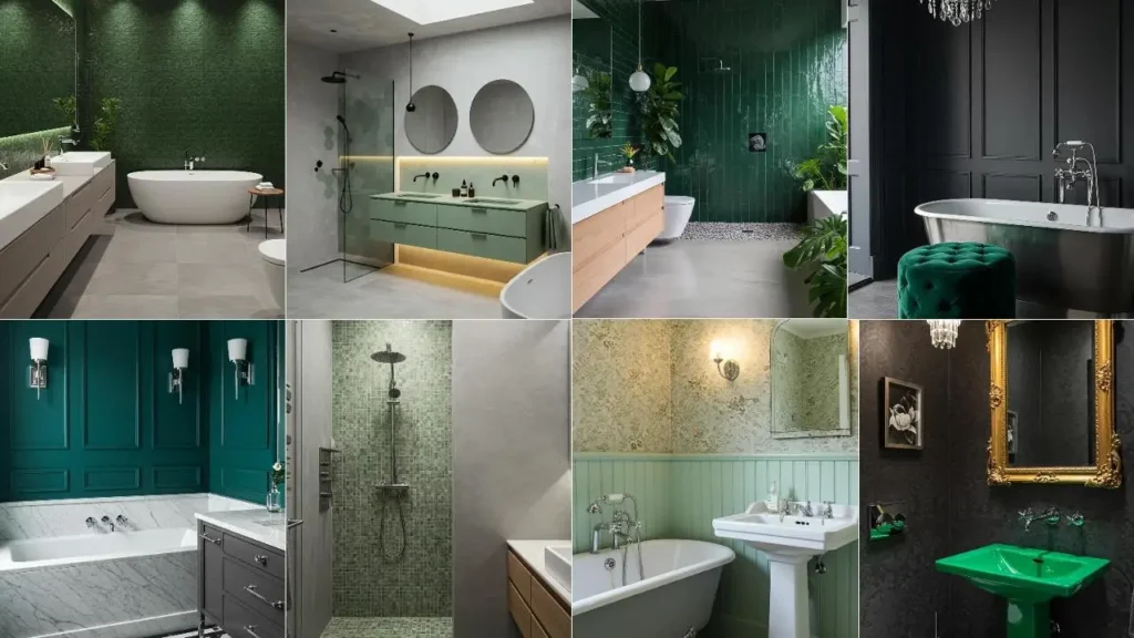 Collectie groene en grijze badkamers, die de perfecte harmonie tussen de twee kleuren laten zien.