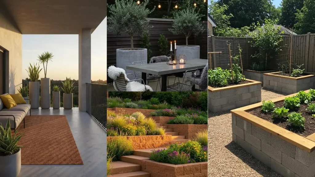 Sfeervolle tuinideeën met betonnen elementen, inclusief plantenbakken en terrassen.