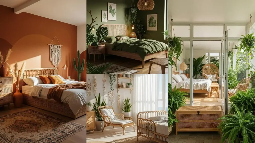 Diverse boho-chique slaapkamers met rotan meubels, veel planten en warme aardetinten.