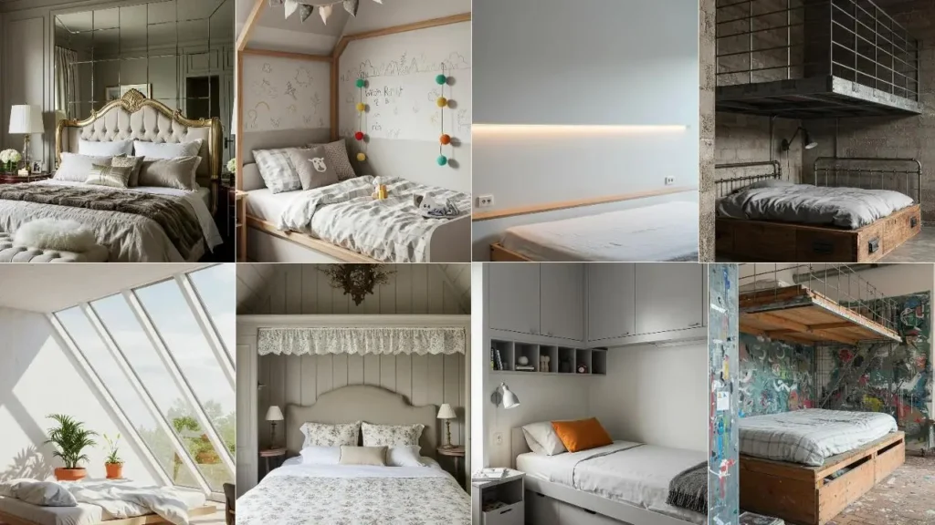 Collage van creatieve slaapkamerdecoraties met bedden tegen schuine daken.