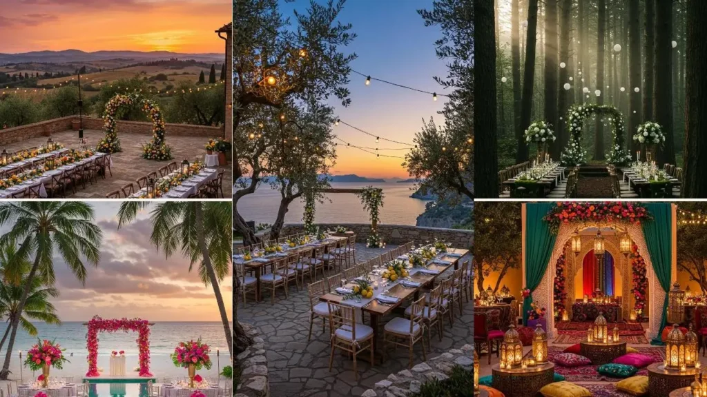 Sfeervolle decoropties voor een trouwfeest bij zonsondergang, met diverse buitenlocaties en romantische verlichting.