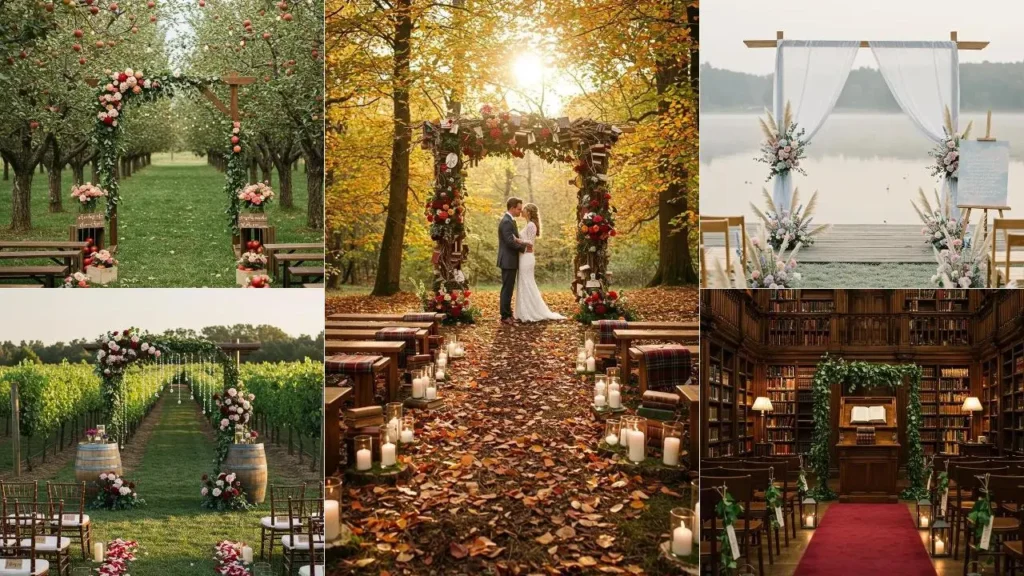 Collage van 5 persoonlijke trouwceremonies op verschillende locaties met bloemenbogen.