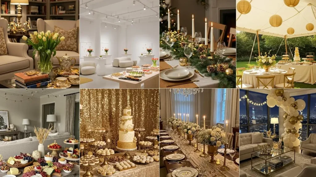 Feestelijke styling in beige, creme en goud: sfeervolle decoraties en gedekte tafels voor een elegant feest.