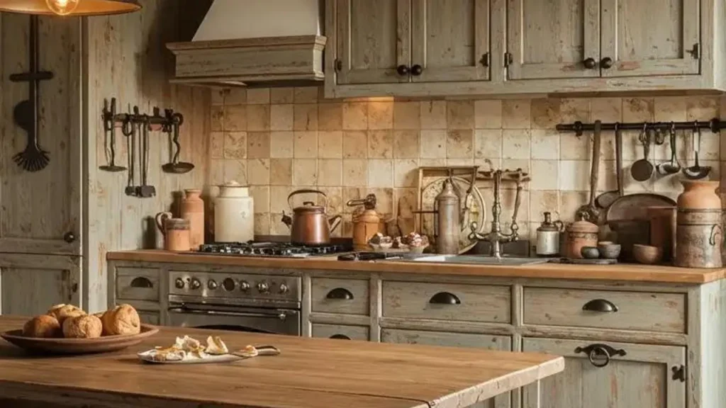Rustieke keuken met verweerd houten kasten, antieke details en koperen accenten, vol charme.