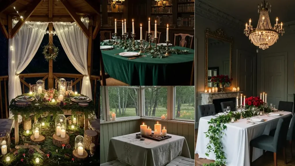 Sfeervolle, romantische decoraties voor een intiem dinerfeest, met kaarslicht en groen.