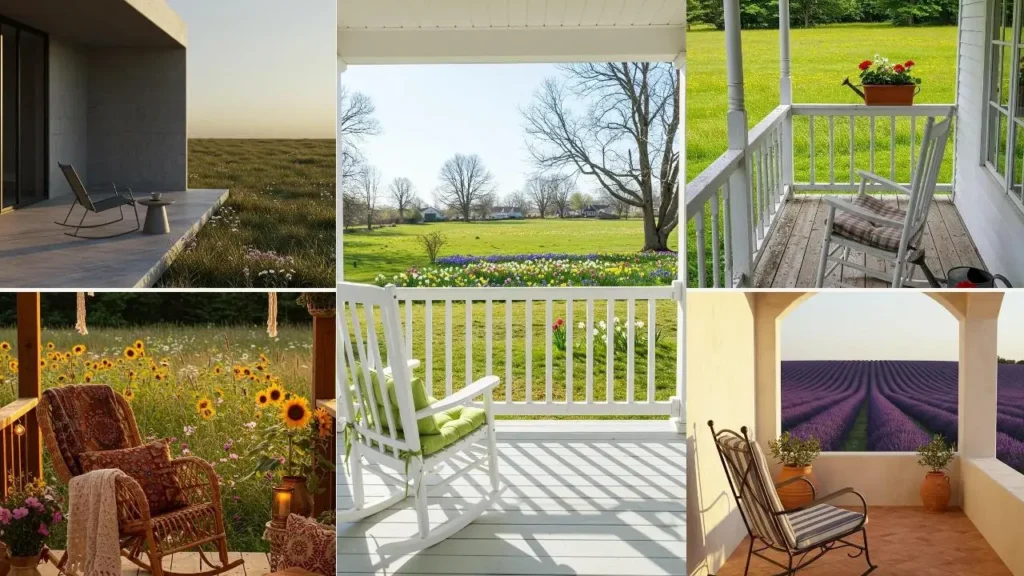 Schommelstoelen op diverse veranda's met weids uitzicht op bloemenweiden en groene velden.