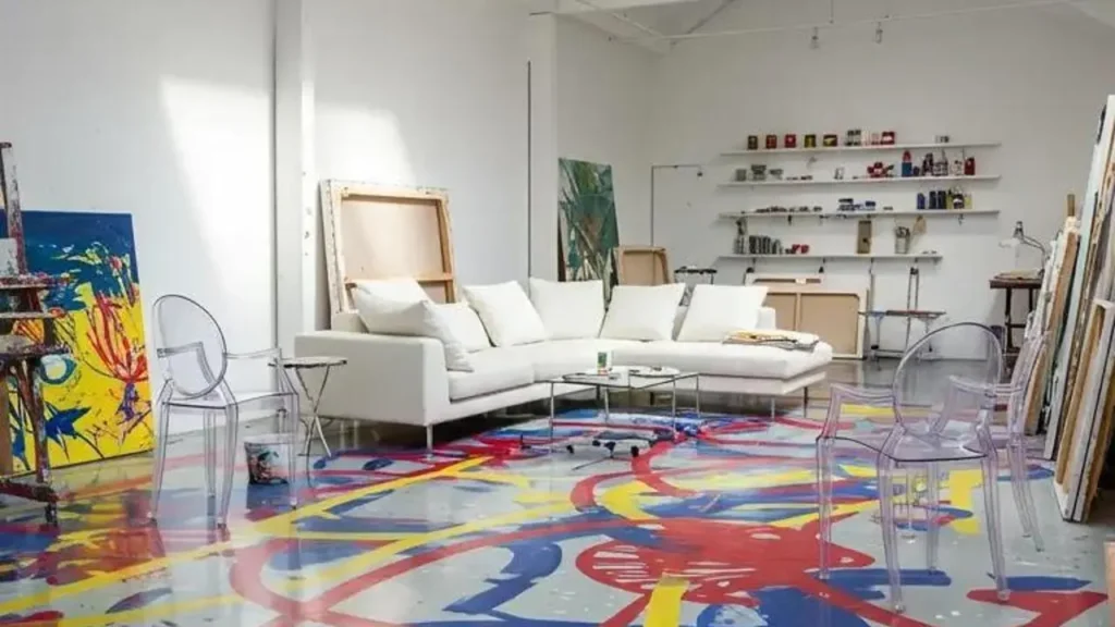 Kunstenaar atelier met een geschilderde vloer, een bewust gebroken patroon.