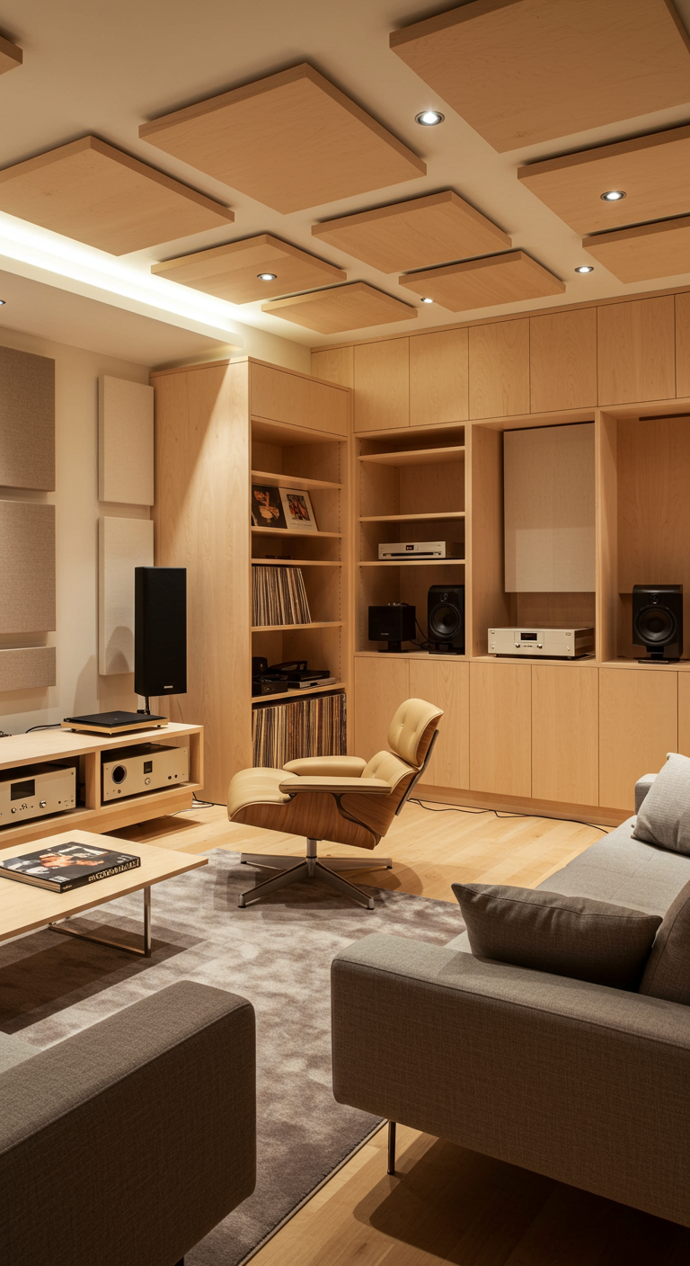 Luisterkamer met lichte houten ingebouwde kasten, houten akoestische panelen en designfauteuil.