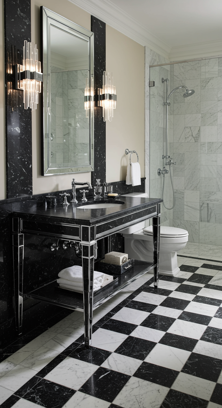 Elegante badkamer met een zwart-wit geblokte marmeren vloer en Art Deco-stijl meubels.