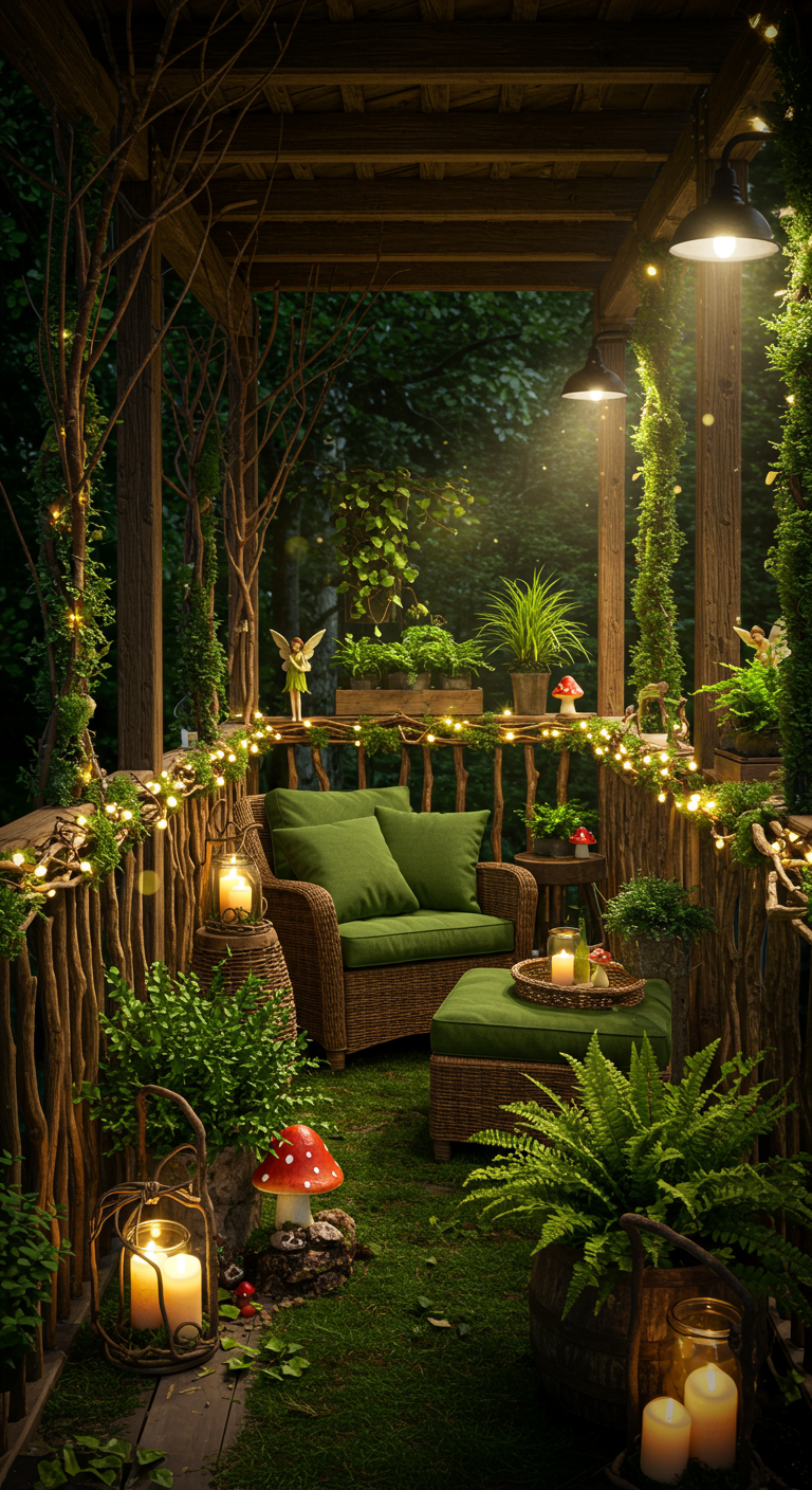 Balkon omgetoverd tot een sprookjesbos met veel groen, houten elementen en sfeerlichtjes.