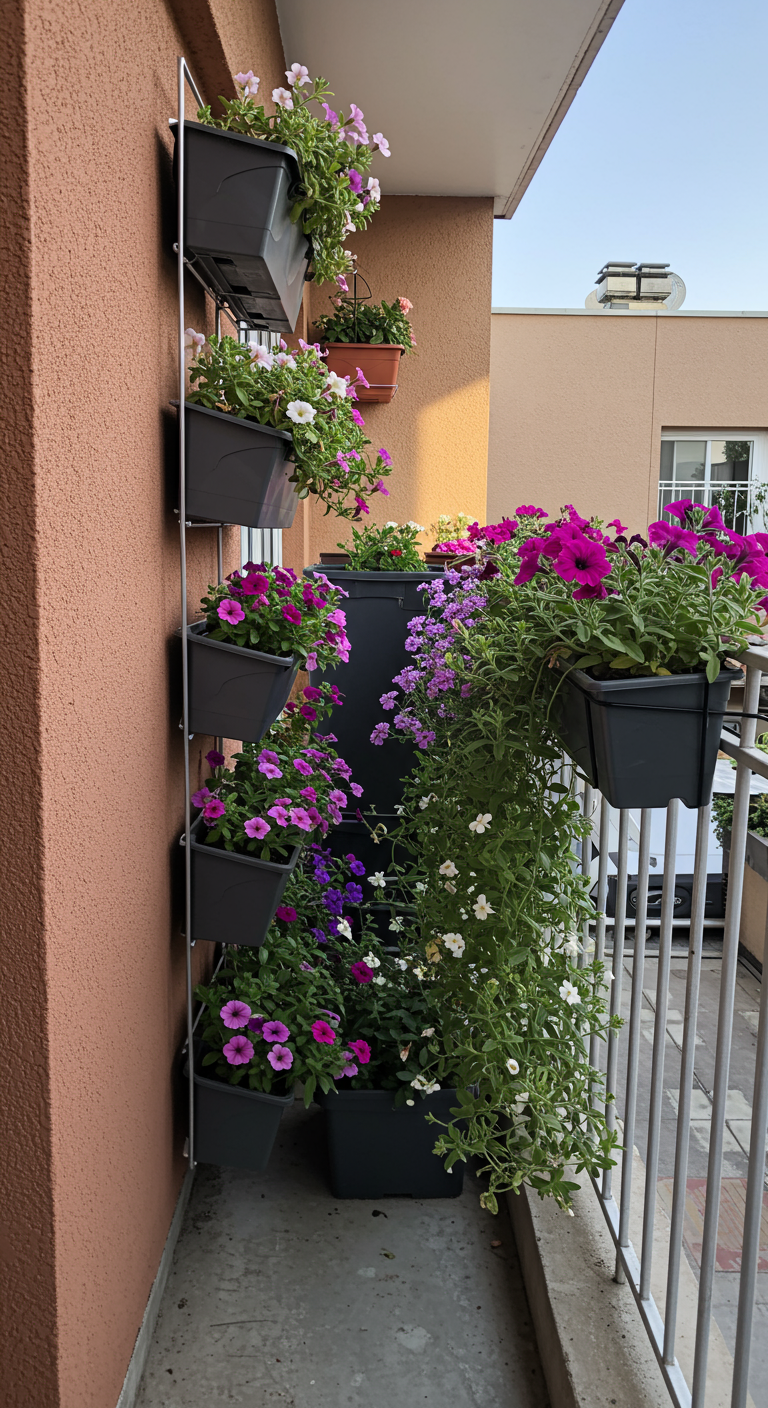 Zwarte plantenbakken aan de muur, trapsgewijs gevuld met een overvloed aan paarse en roze petunia's.