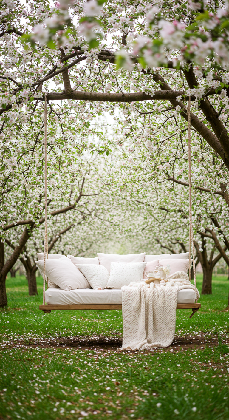 Houten schommelbed met lichte kussens en plaid, hangend in een boomgaard vol witte bloesems.