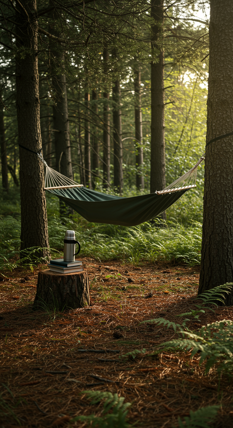 Groene hangmat tussen dennenbomen in een bos, met boeken en een thermoskan op een boomstronk.