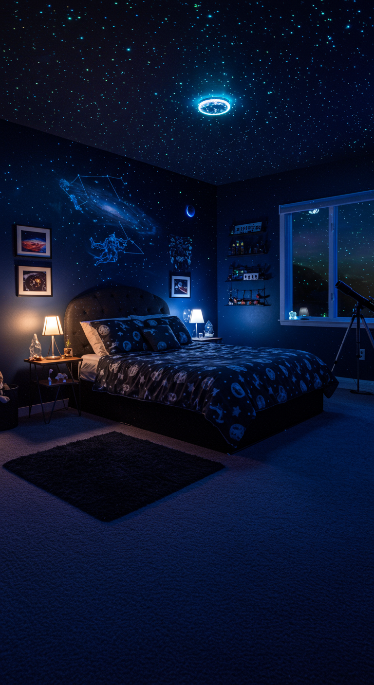 Slaapkamer met glow-in-the-dark sterrenhemel aan het plafond en ruimtethema.