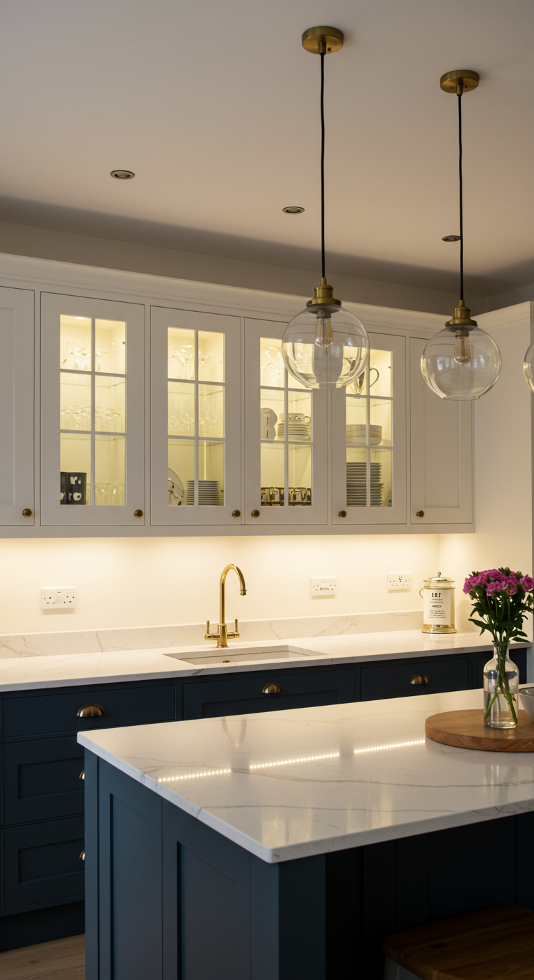 Donkerblauwe en witte keuken met gouden accenten en diverse soorten LED-verlichting.