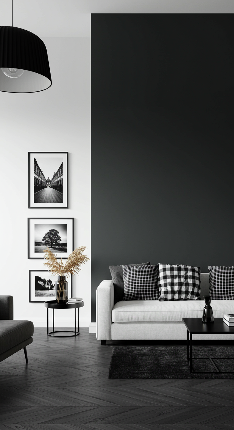 Minimalistische woonkamer met witte en donkergrijze muren en zwart-wit foto's.