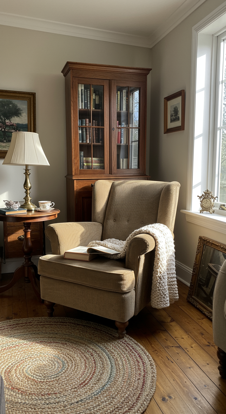 Knusse leeshoek met corduroy fauteuil, houten bijzettafel en rond jute kleed.