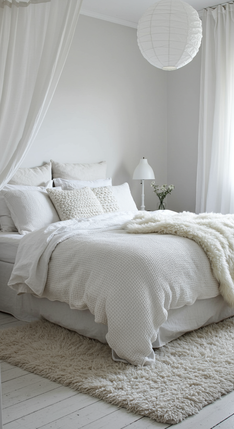 Witte slaapkamer met veel verschillende witte texturen in beddengoed en kleed.