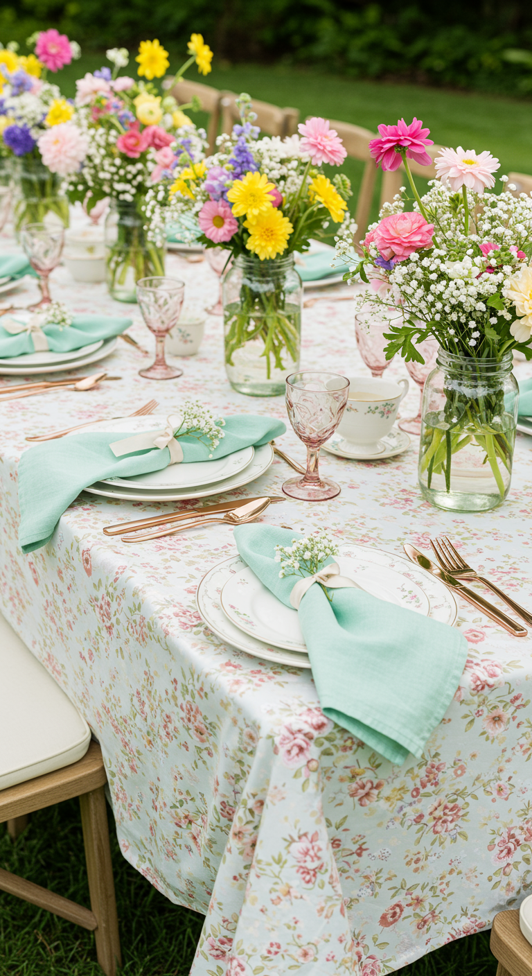 Lichte, bloemrijke tafelsetting met mintgroene servetten en pastelkleurige bloemen.